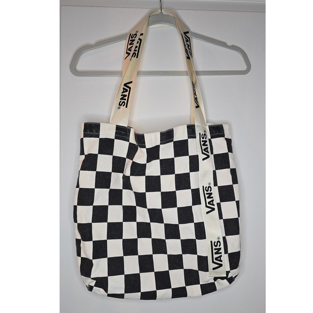 Vans Checkerboard Canvas Tote Bag Black White Logo Strap Shopper